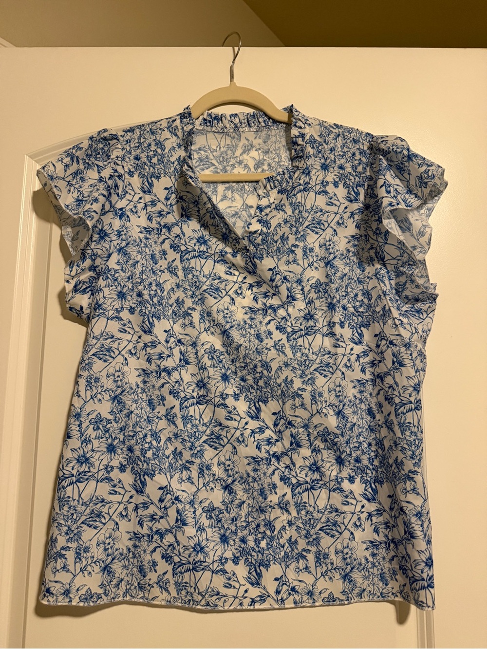 SHEIN White Blouse with Blue Floral Print and Flutter Sleeves